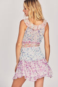 Womens silk floral print v-neck mini dress with ruffle detailing