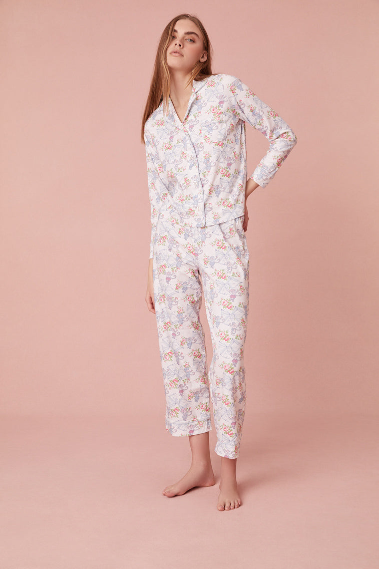 Roller Rabbit x LoveShackFancy Rosa Beaux Monkey Womens Long Sleeve Polo Pajama