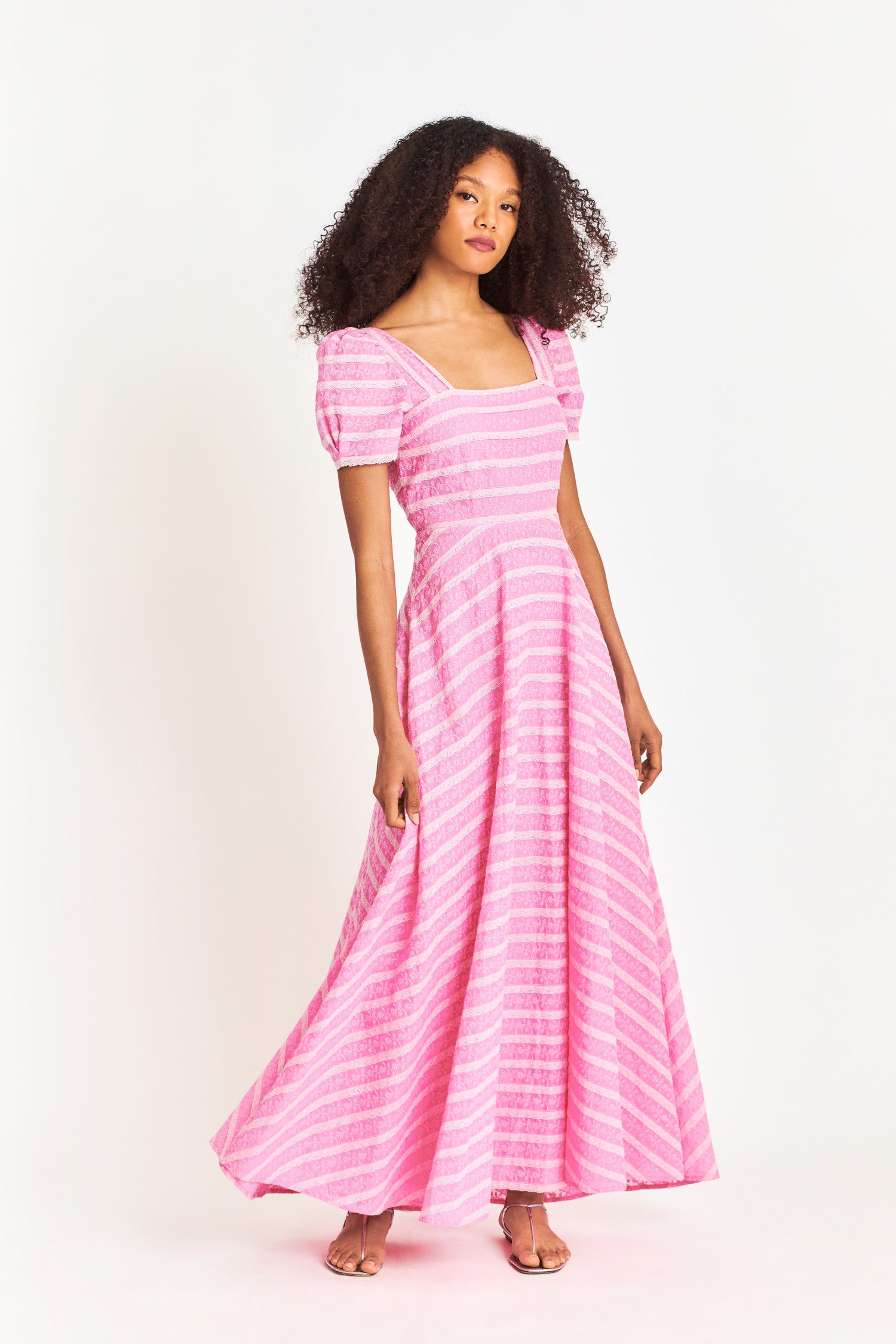 Pink maxi dress with blouson sleeve and lace inset