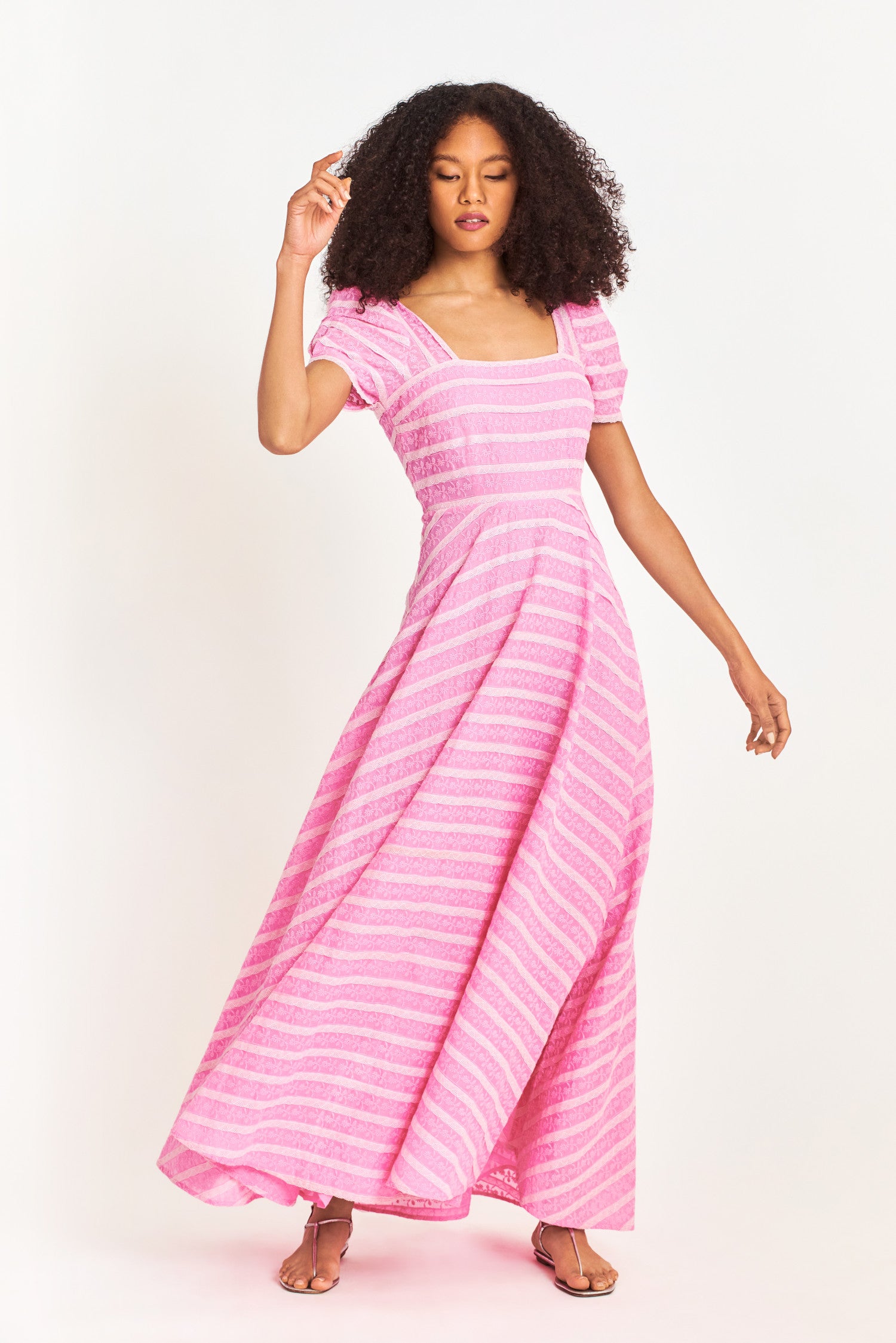 Pink maxi dress with blouson sleeve and lace inset