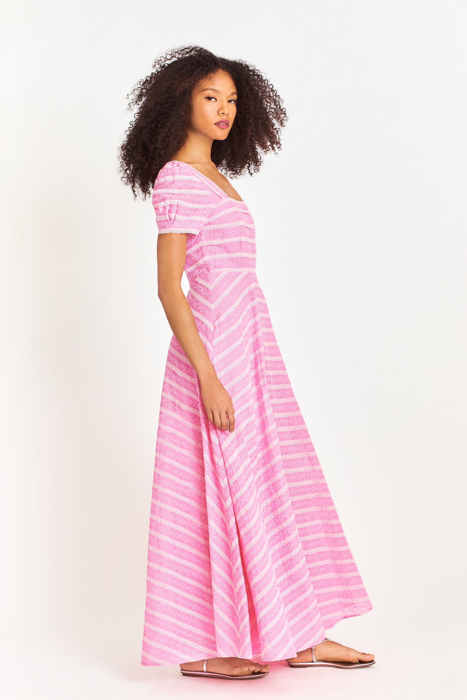 Pink maxi dress with blouson sleeve and lace inset