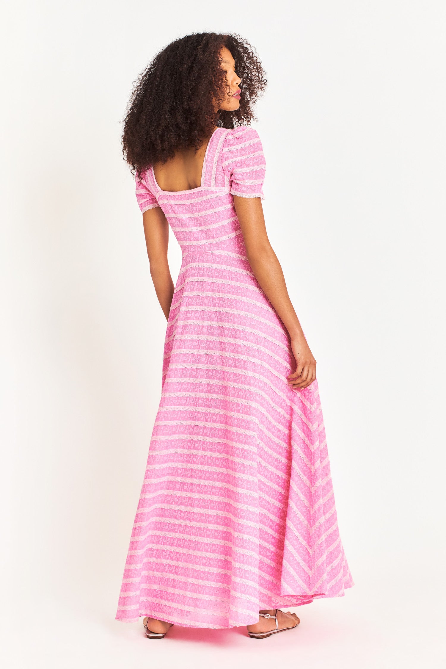 Pink maxi dress with blouson sleeve and lace inset