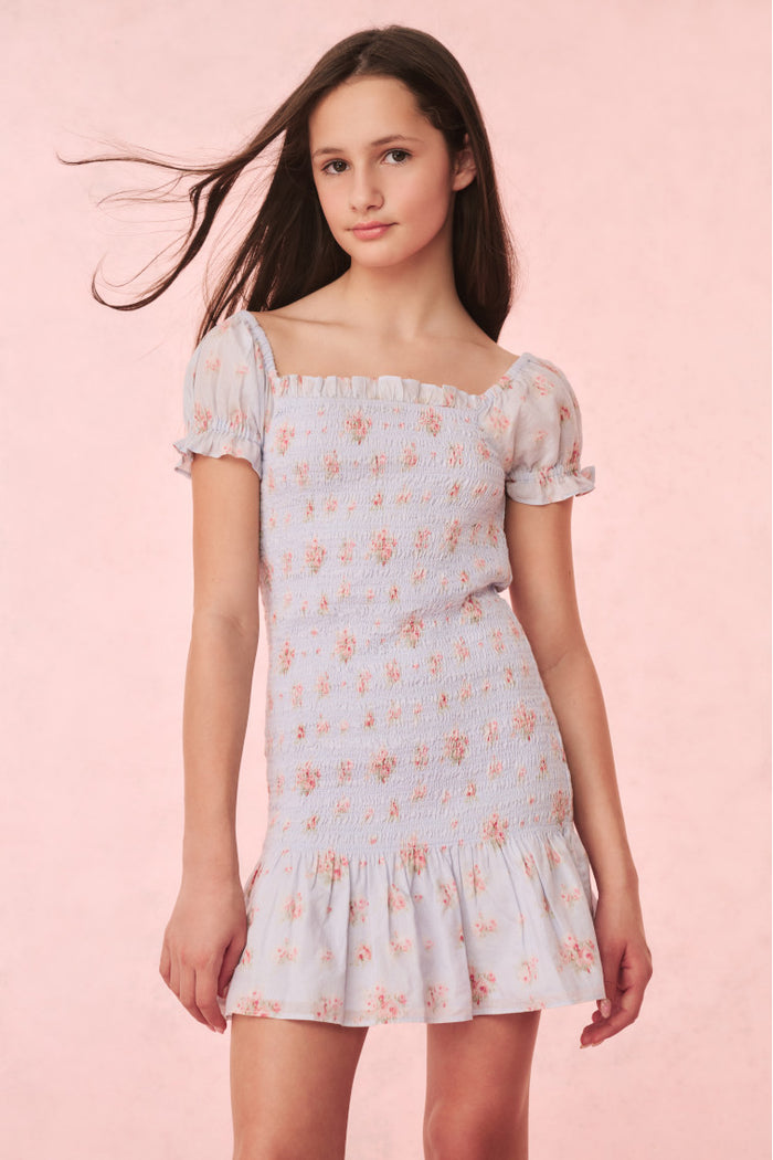 Girls Mosa Cotton Floral Dress - SKYLIGHT BLUE