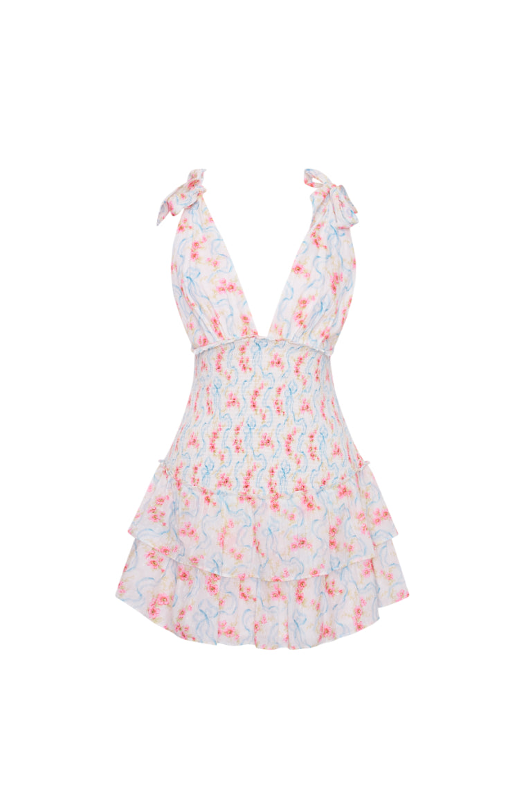 Rossi Cotton Floral Smocked Mini Dress - WHITE MULTI