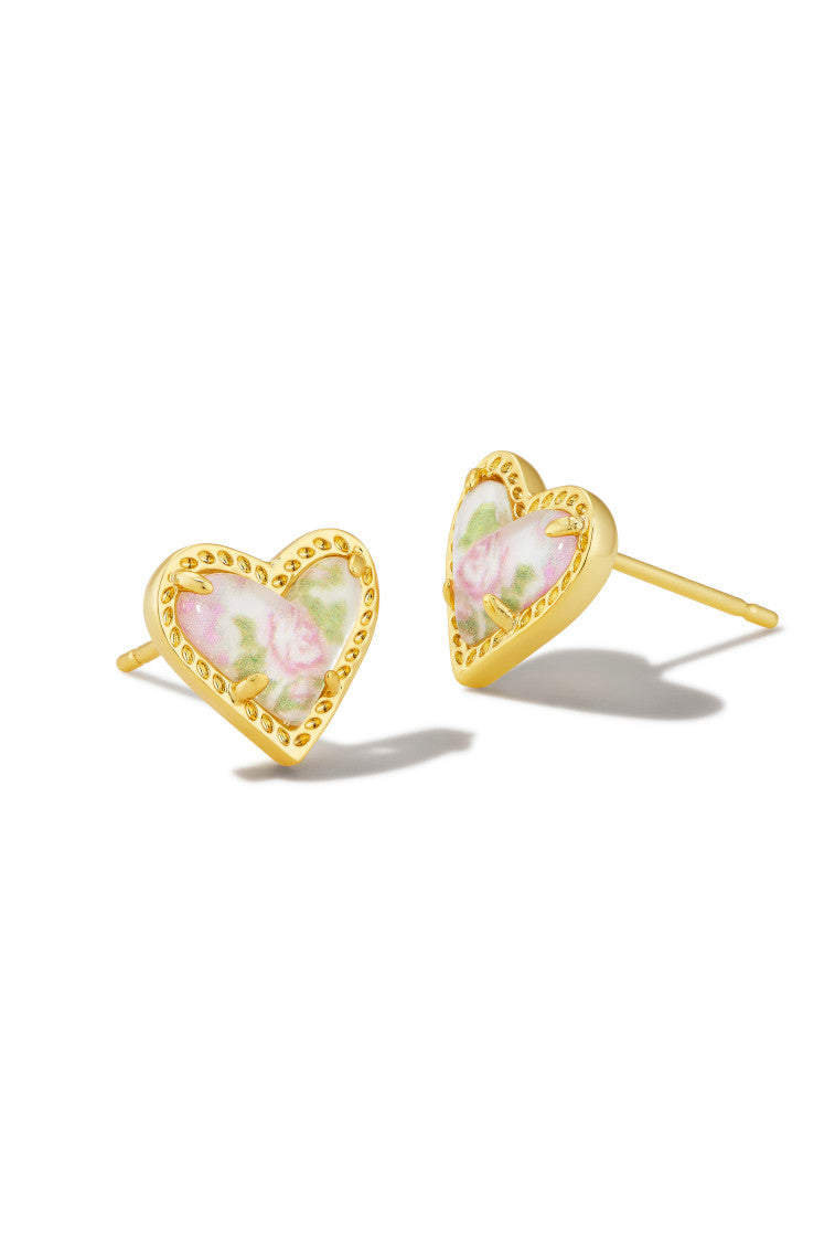 Kendra Scott x LoveShackFancy Gold Ari Heart Stud Earrings in Marie Pink Blooming Heirloom Illusion