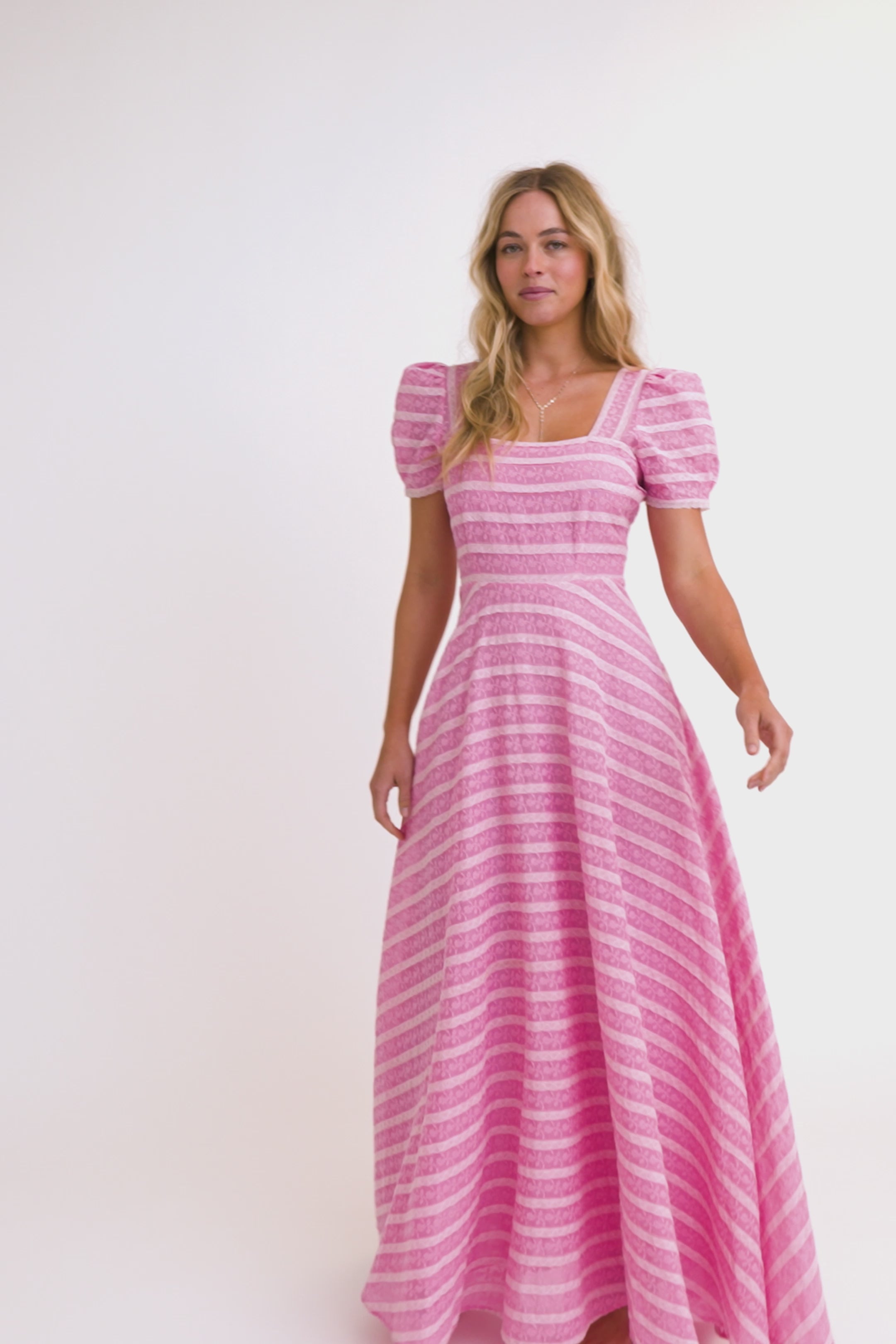 Pink maxi dress with blouson sleeve and lace inset