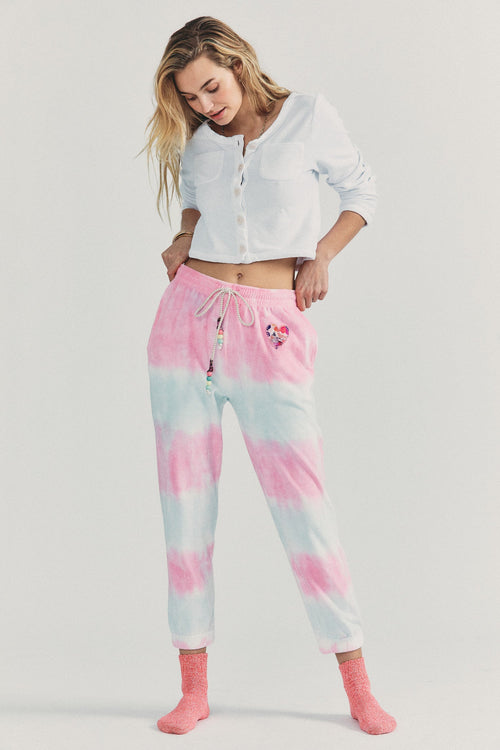 Women's pink and blue hand tie-dyed French terry cotton lounge pant