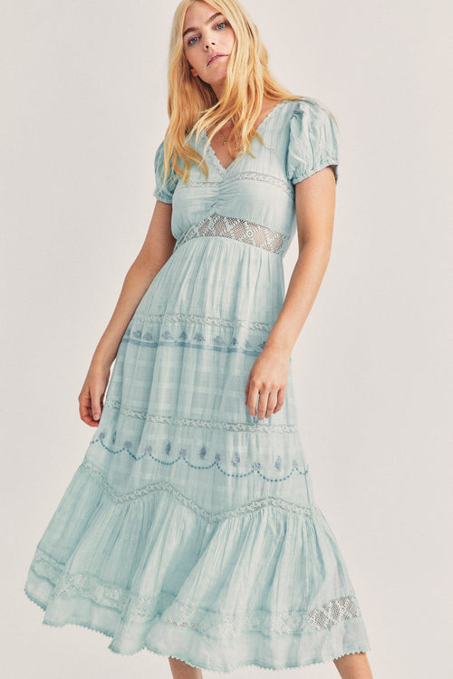 Women's blue maxi dress with lace and embroidery detail