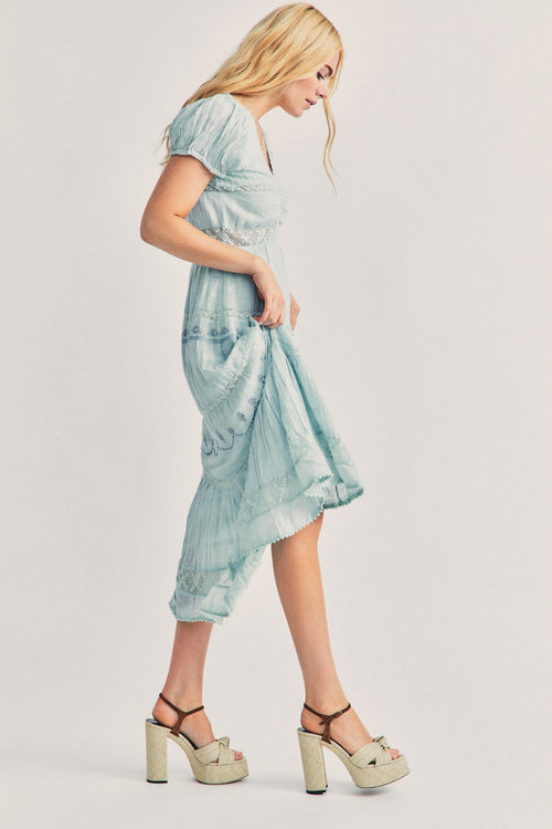Women's blue maxi dress with lace and embroidery detail