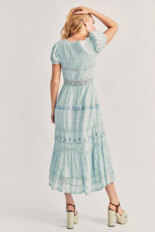Women's blue maxi dress with lace and embroidery detail