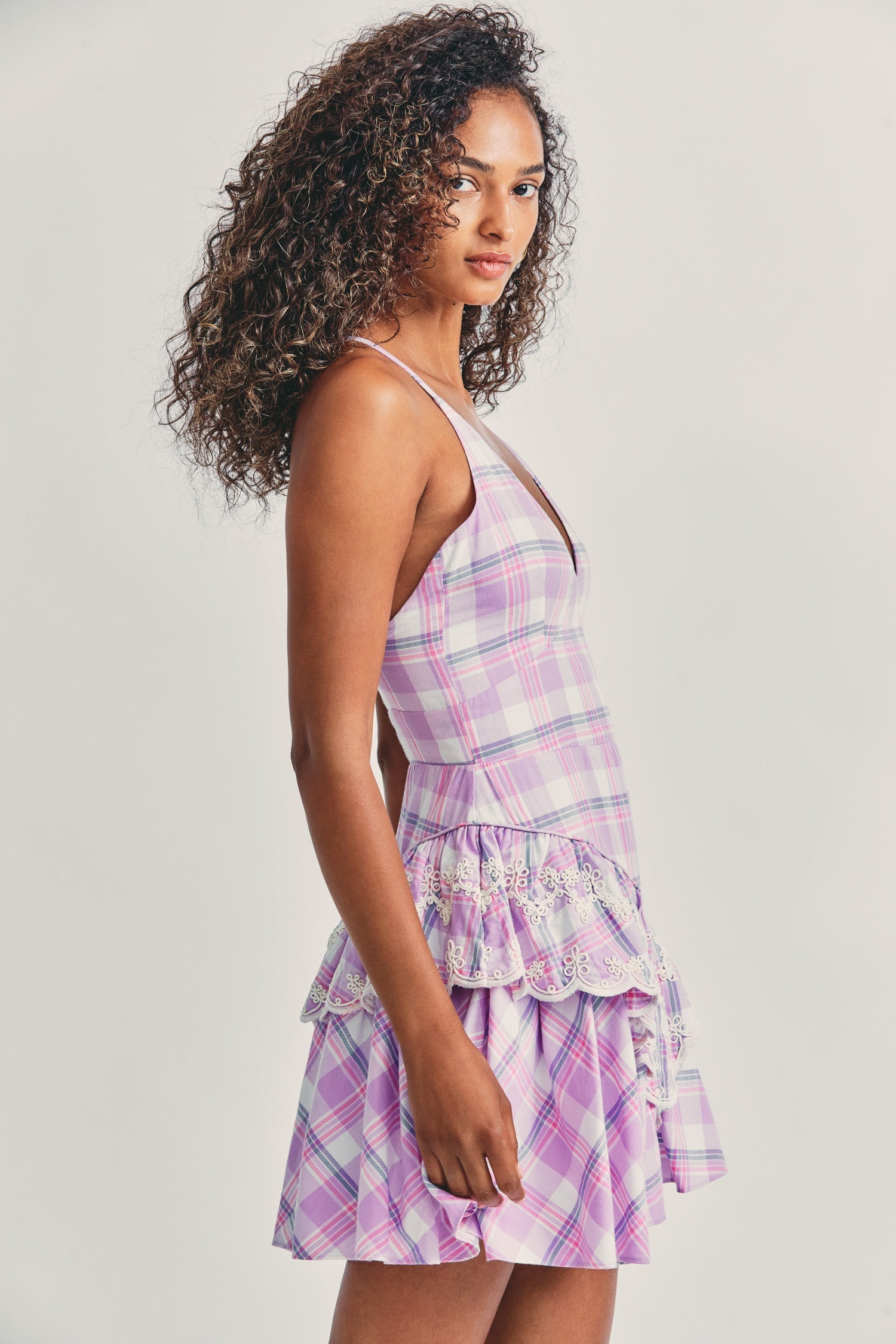 Women's lilac plaid print mini dress with asymmetrical seam