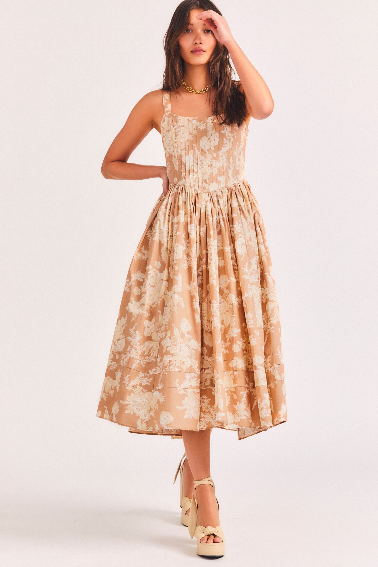 Women's cotton brown and white tossed bouquet print midi dress