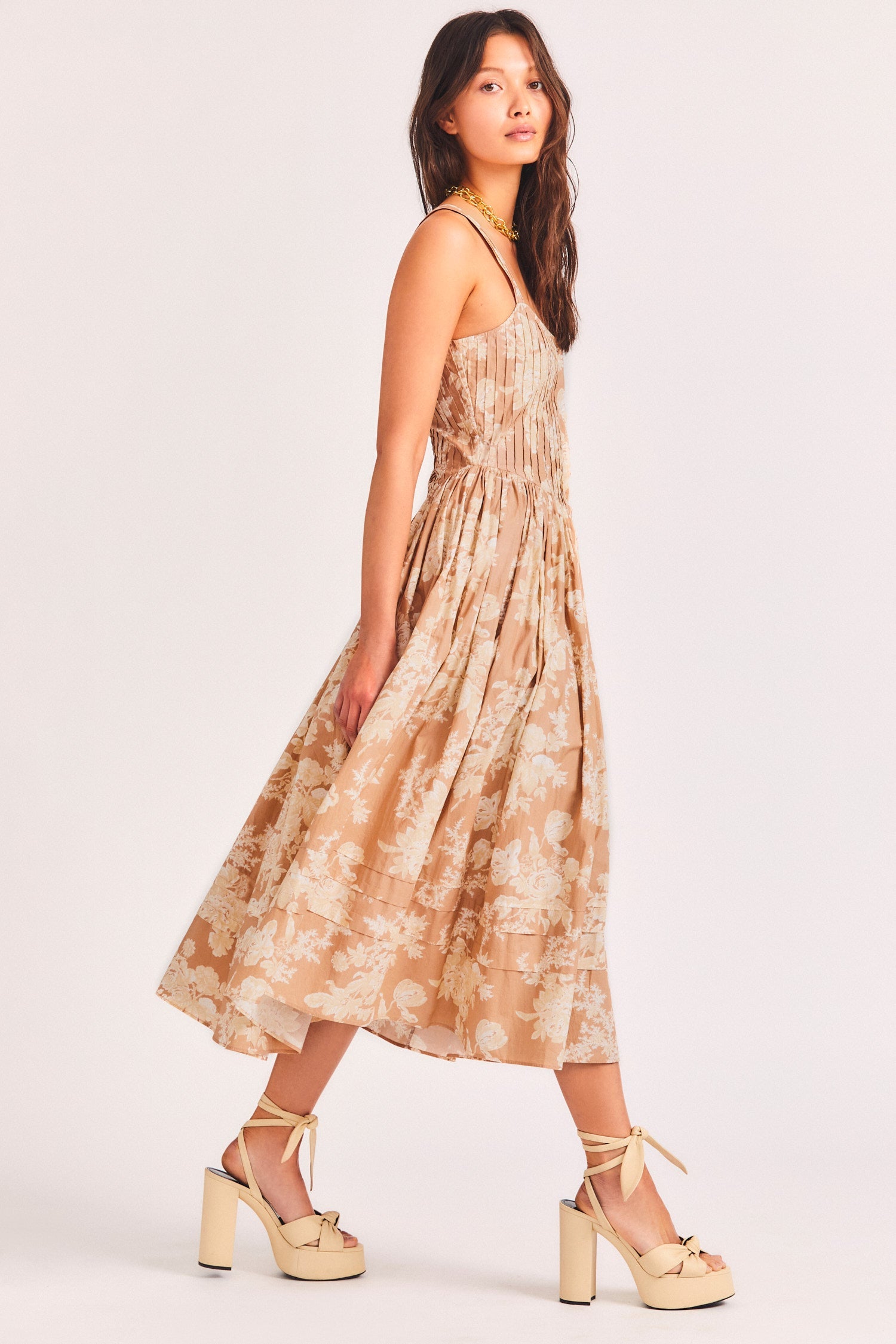 Women's cotton brown and white tossed bouquet print midi dress