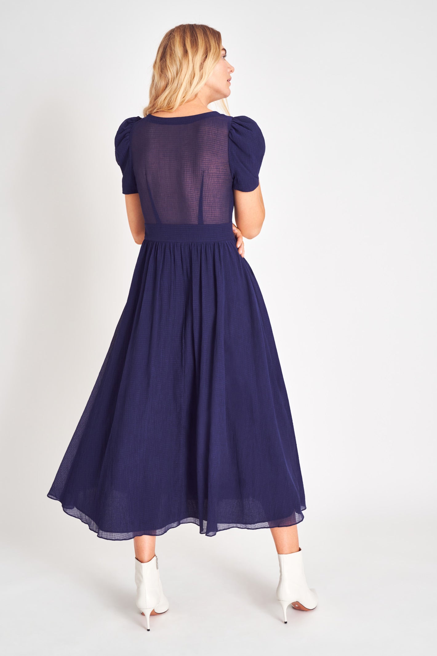 Puff sleeve v neck midi dress with fitted waist.