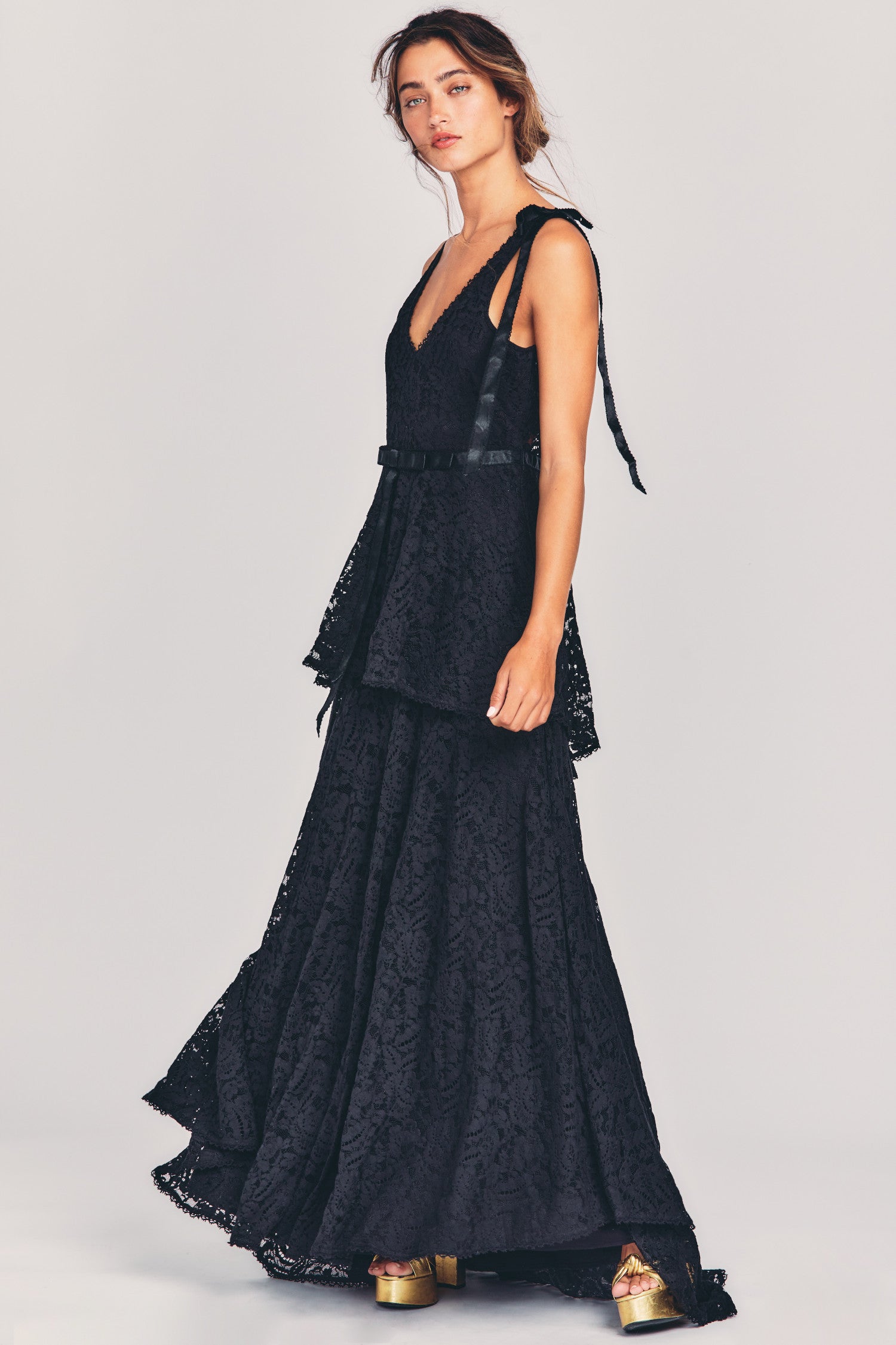 Women's black evening gown with floral lace