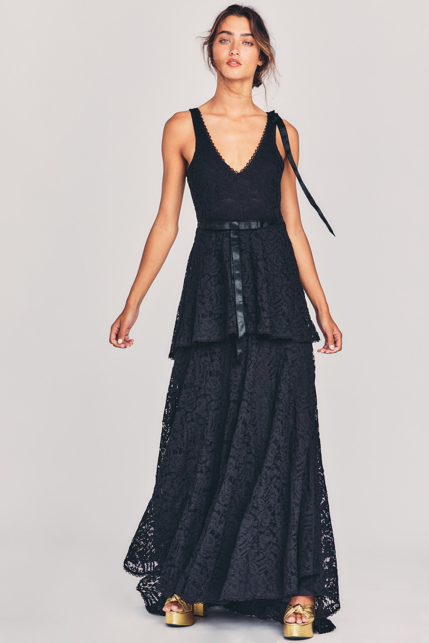 Women's black evening gown with floral lace