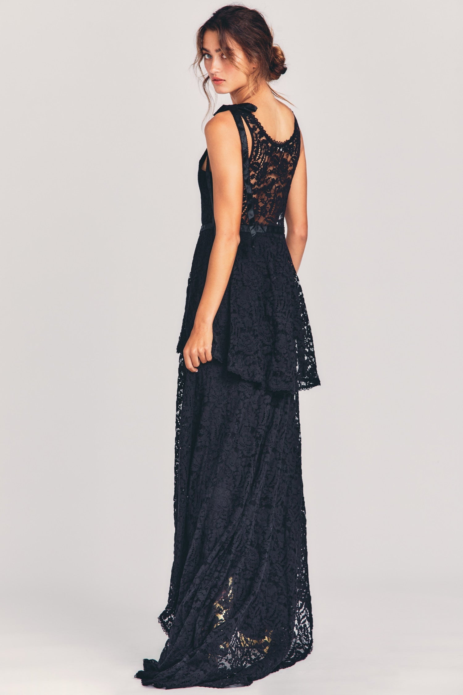 Women's black evening gown with floral lace