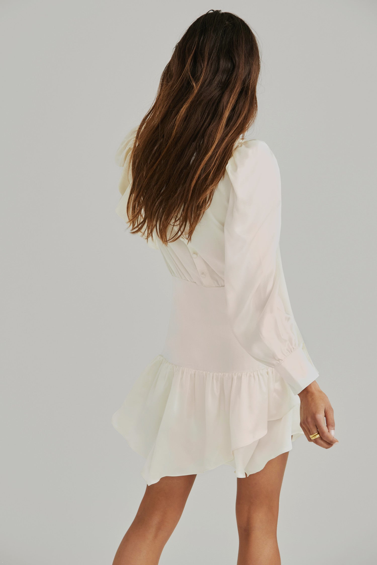 Women's white silk mini dress with long blouson shirred sleeves