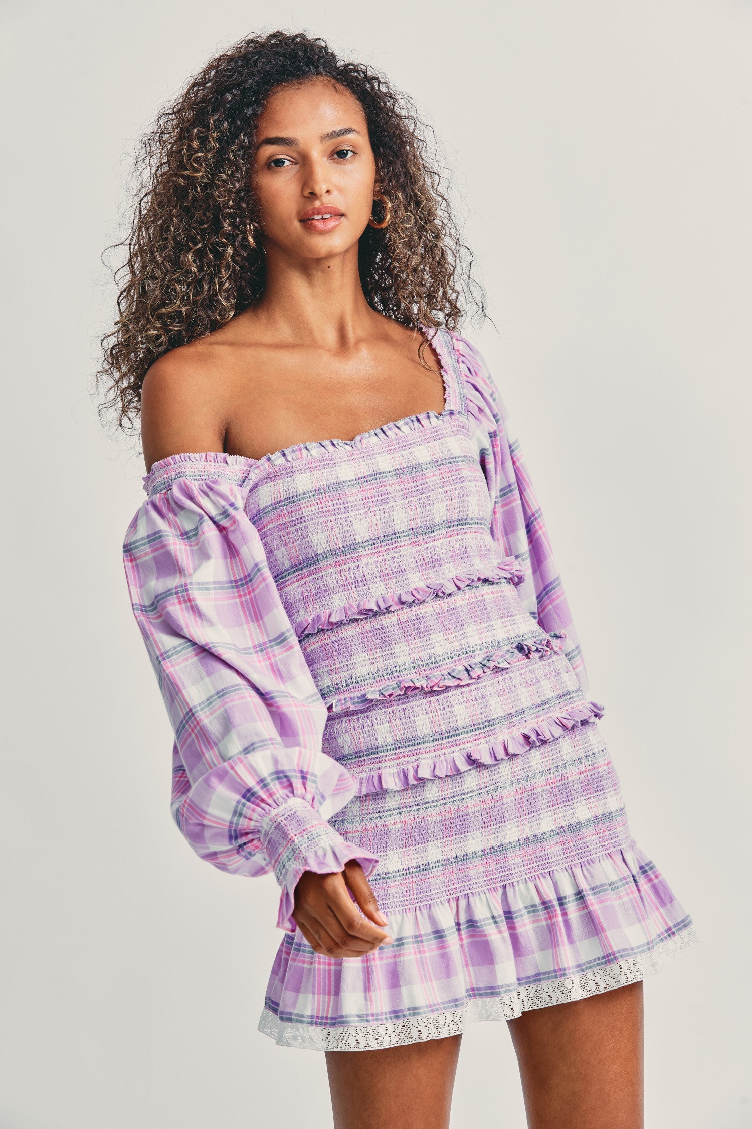 Women's lilac plaid fitted mini dress with smocking and decorative embroidery stitching