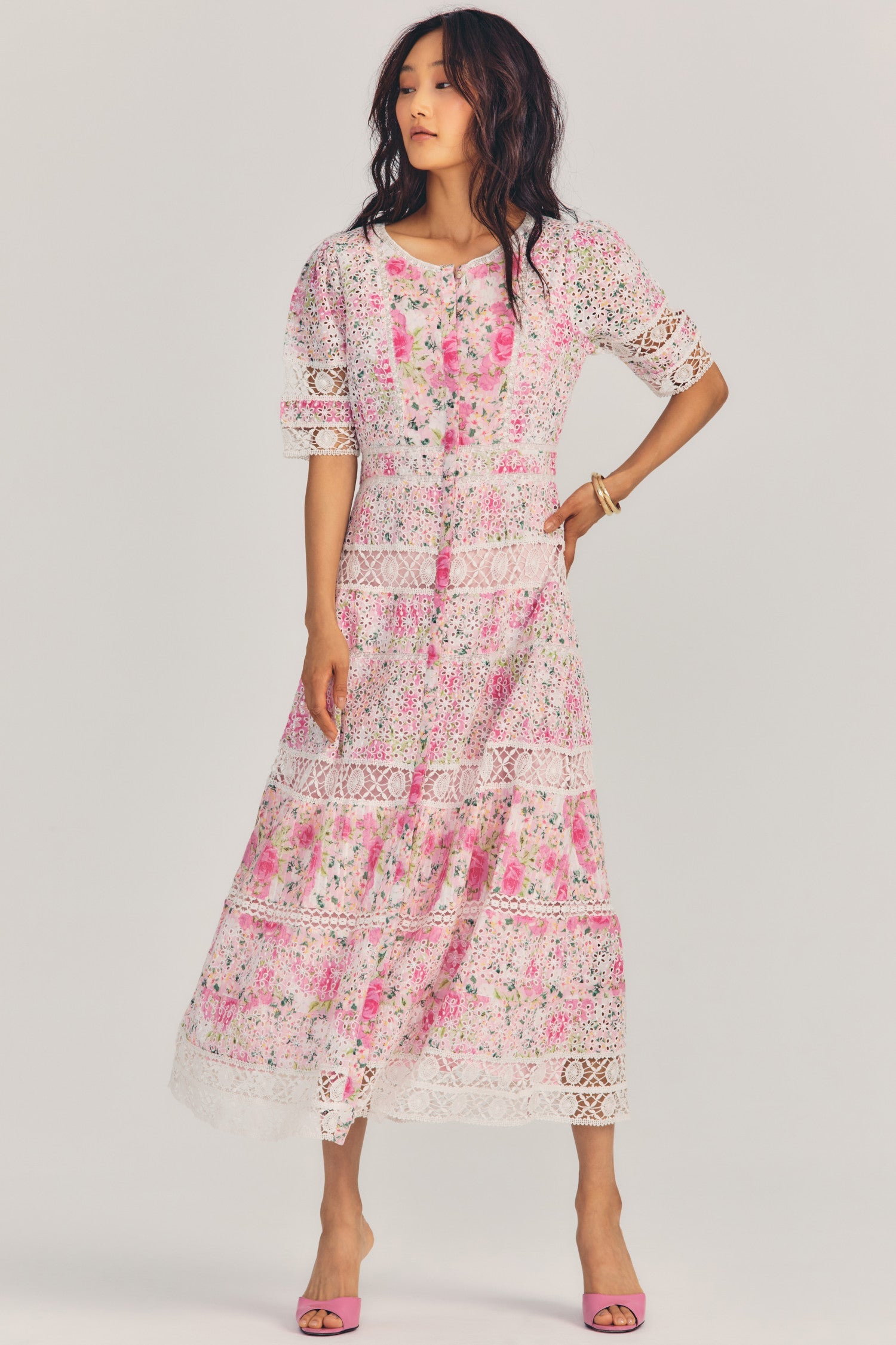 Womens pink floral print maxi dress with embroidery and lace details