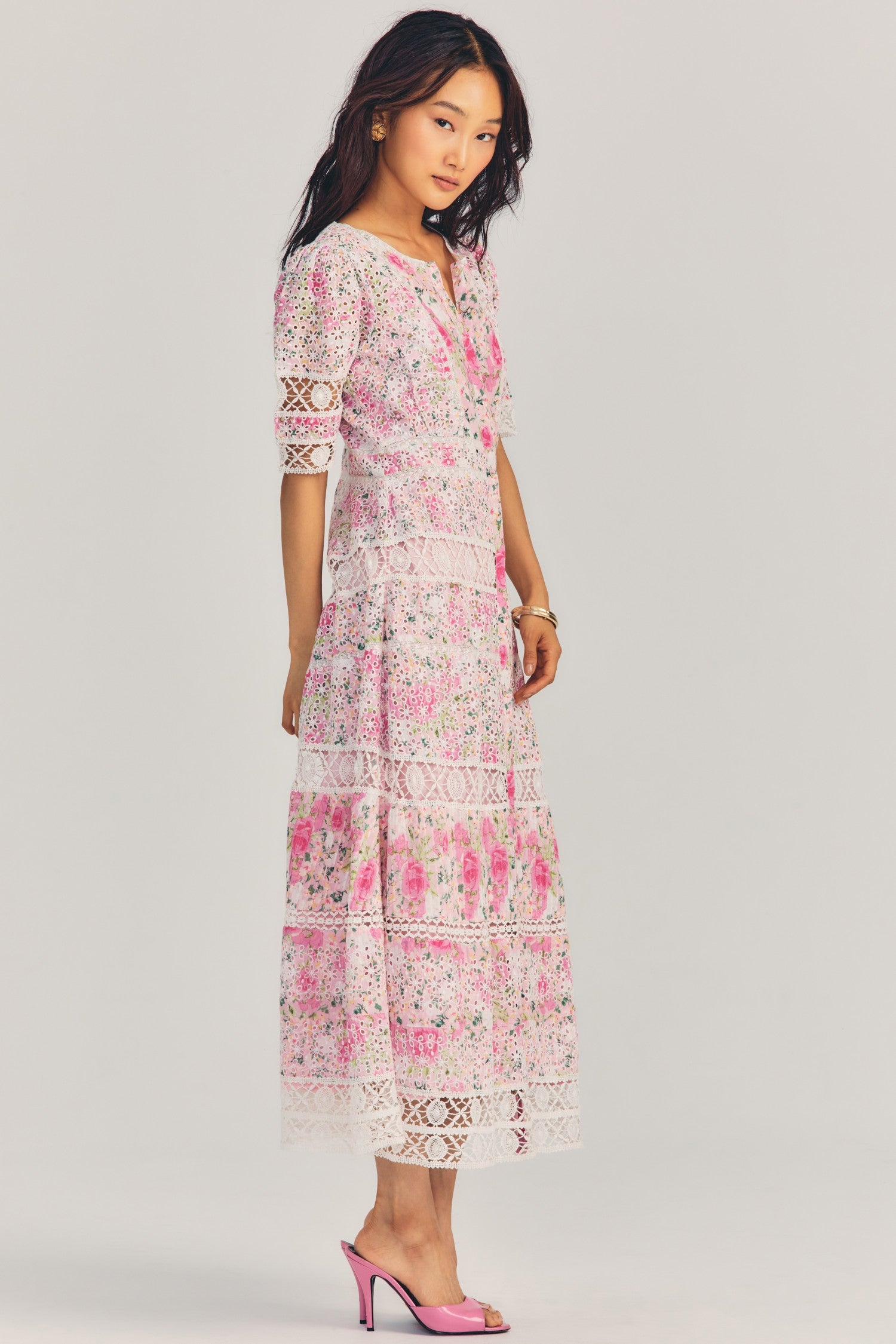 Womens pink floral print maxi dress with embroidery and lace details