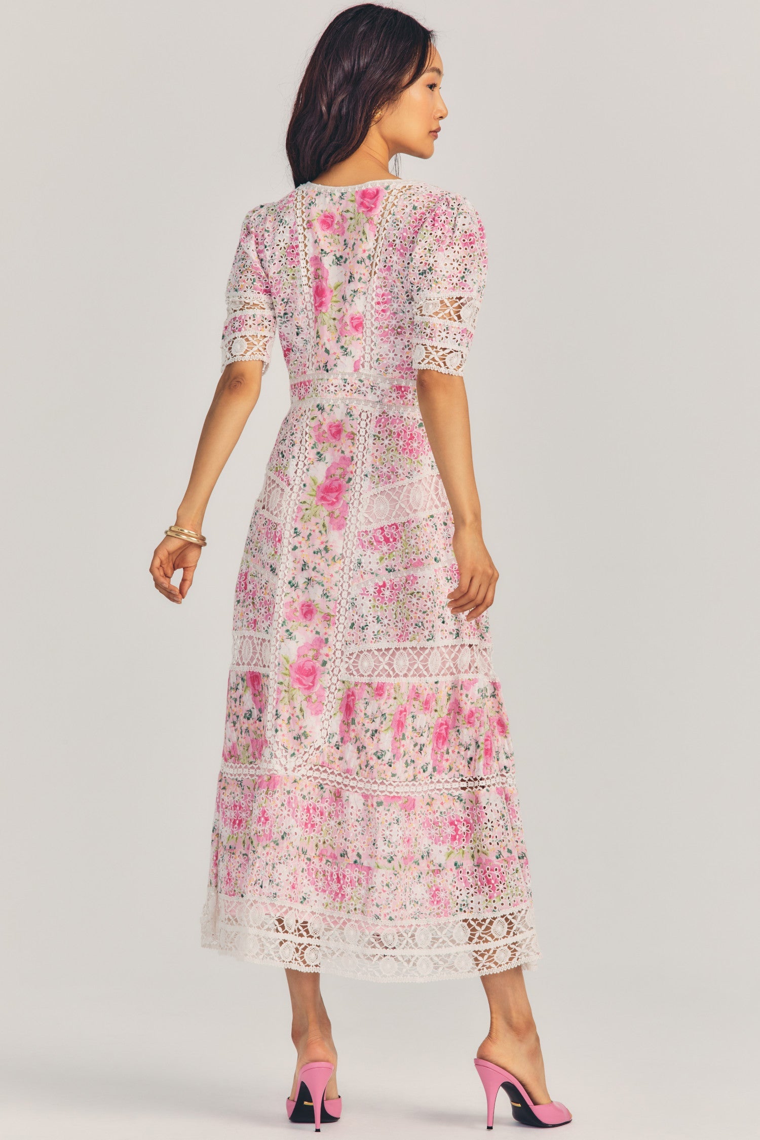 Womens pink floral print maxi dress with embroidery and lace details