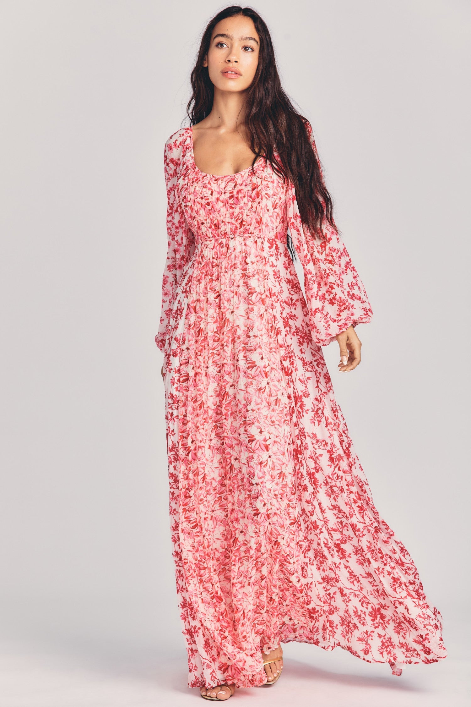 Womens red floral print full sweep maxi dress 