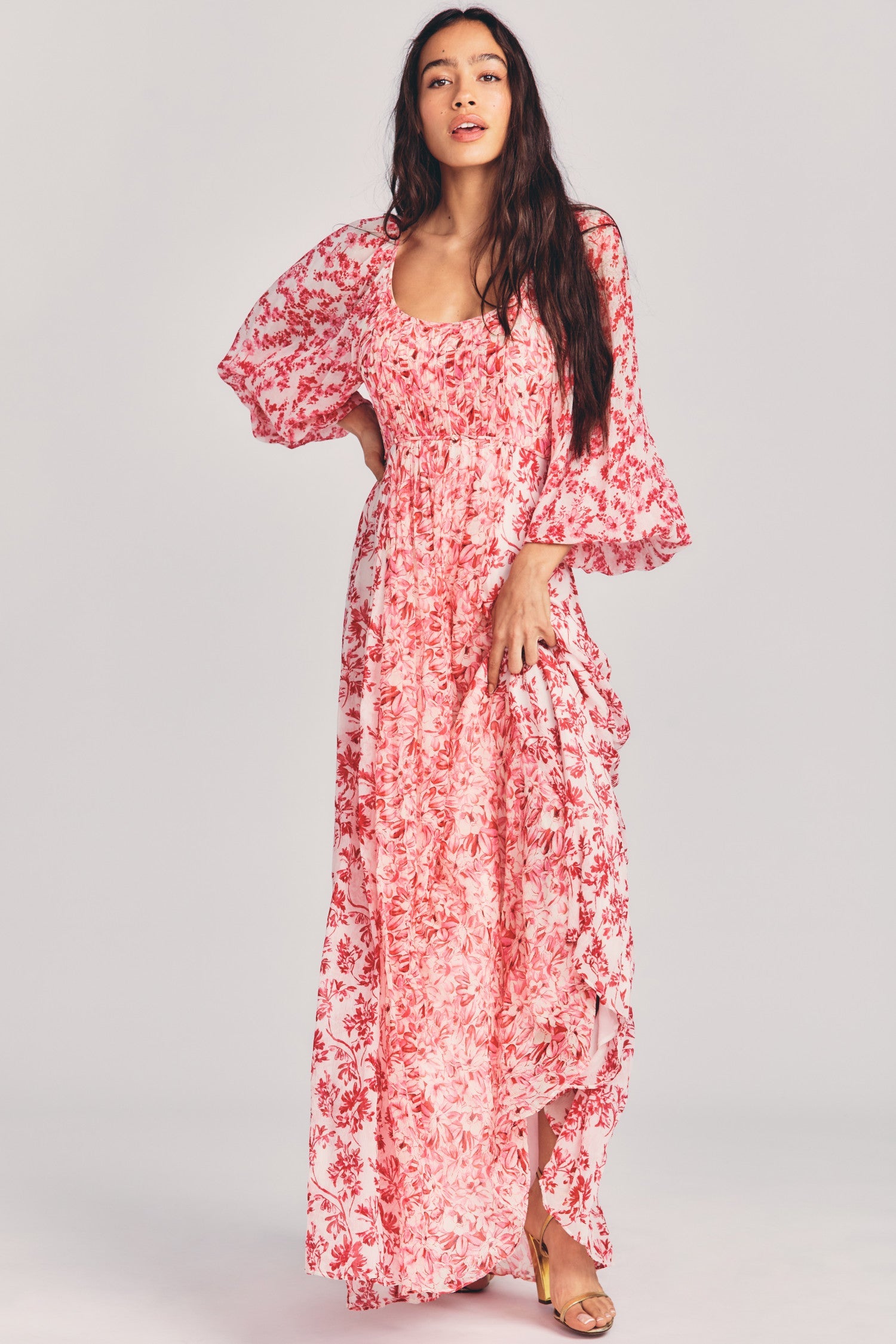 Womens red floral print full sweep maxi dress 