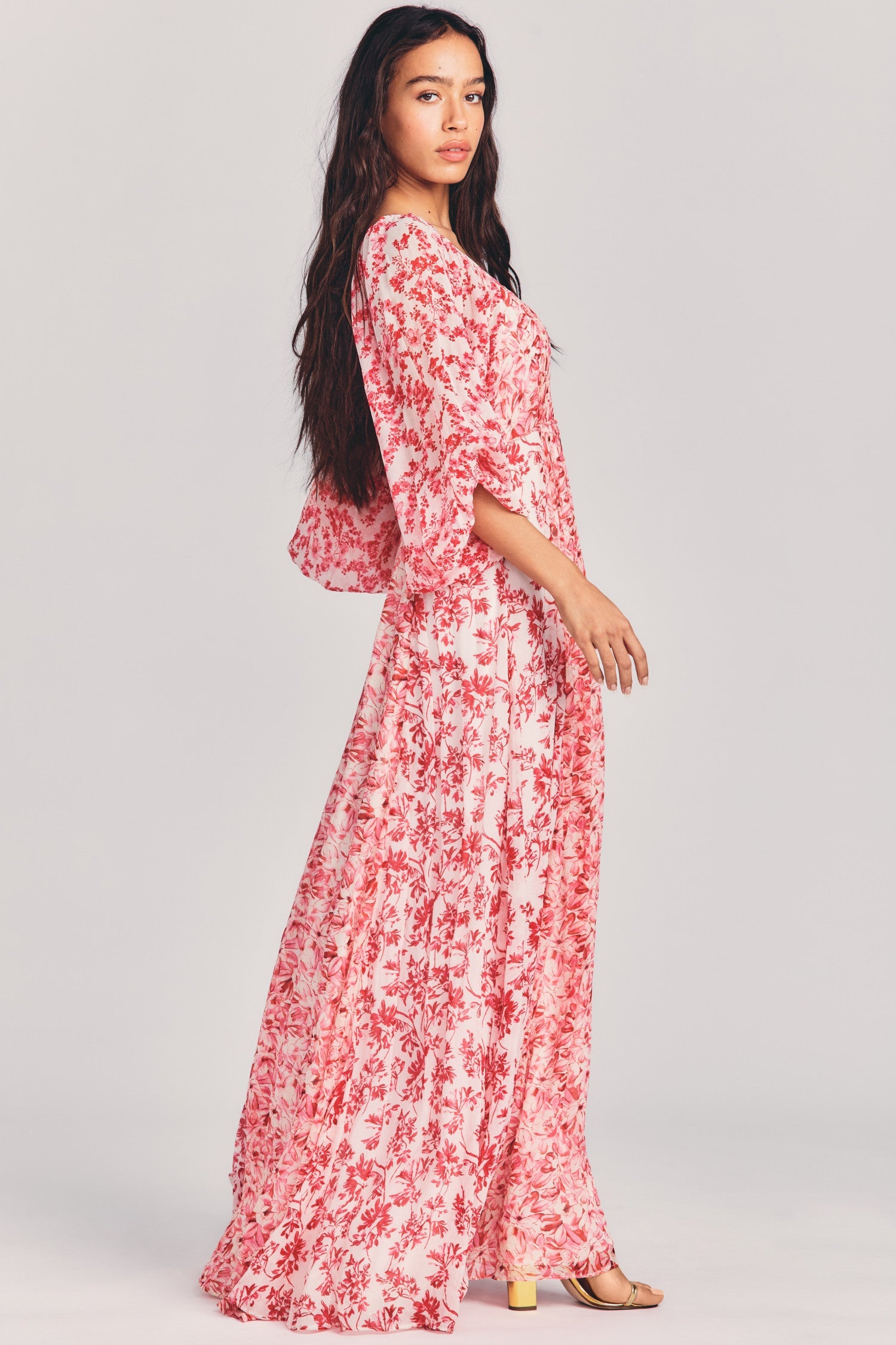 Womens red floral print full sweep maxi dress 