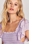 Women's purple maxi dress with all-over ditsy floral print and flutter sleeves