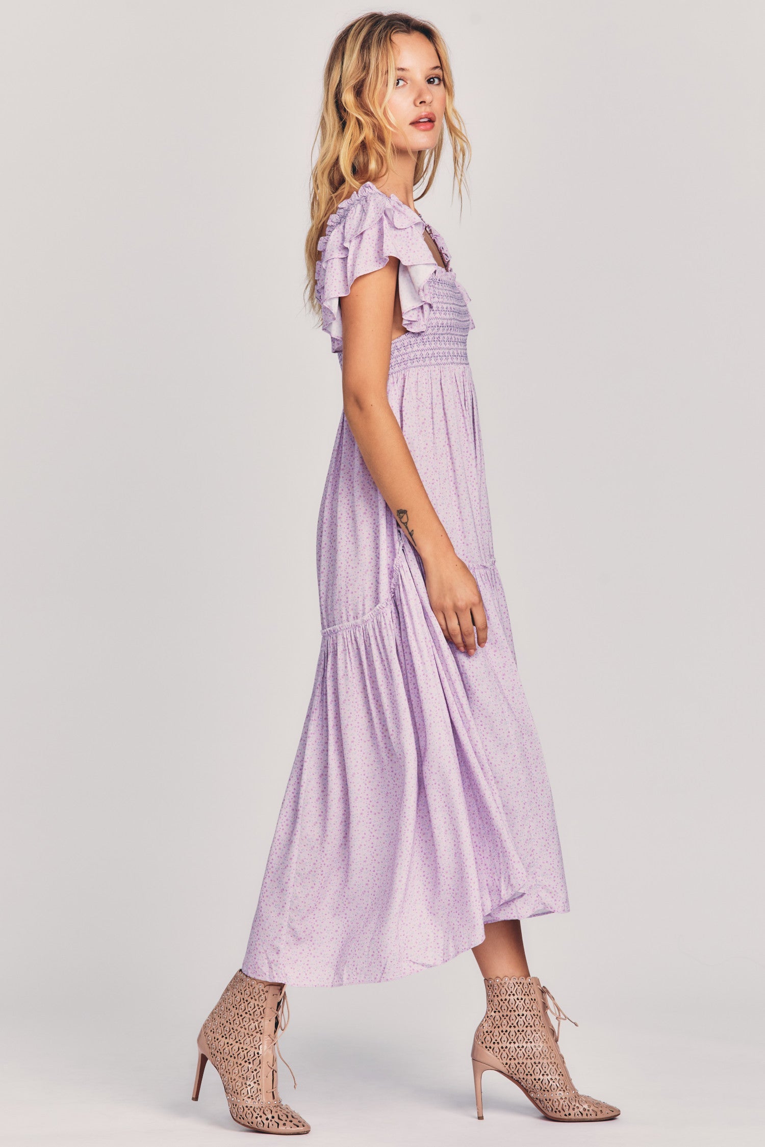 Women's purple maxi dress with all-over ditsy floral print and flutter sleeves