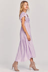 Women's purple maxi dress with all-over ditsy floral print and flutter sleeves