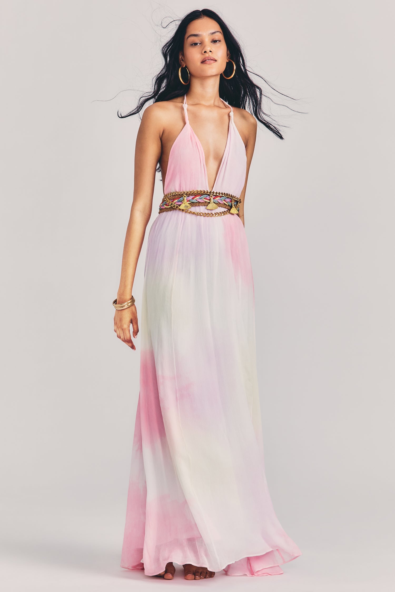 Women's multi tie-dye maxi dress with halter neck and plunging neckline