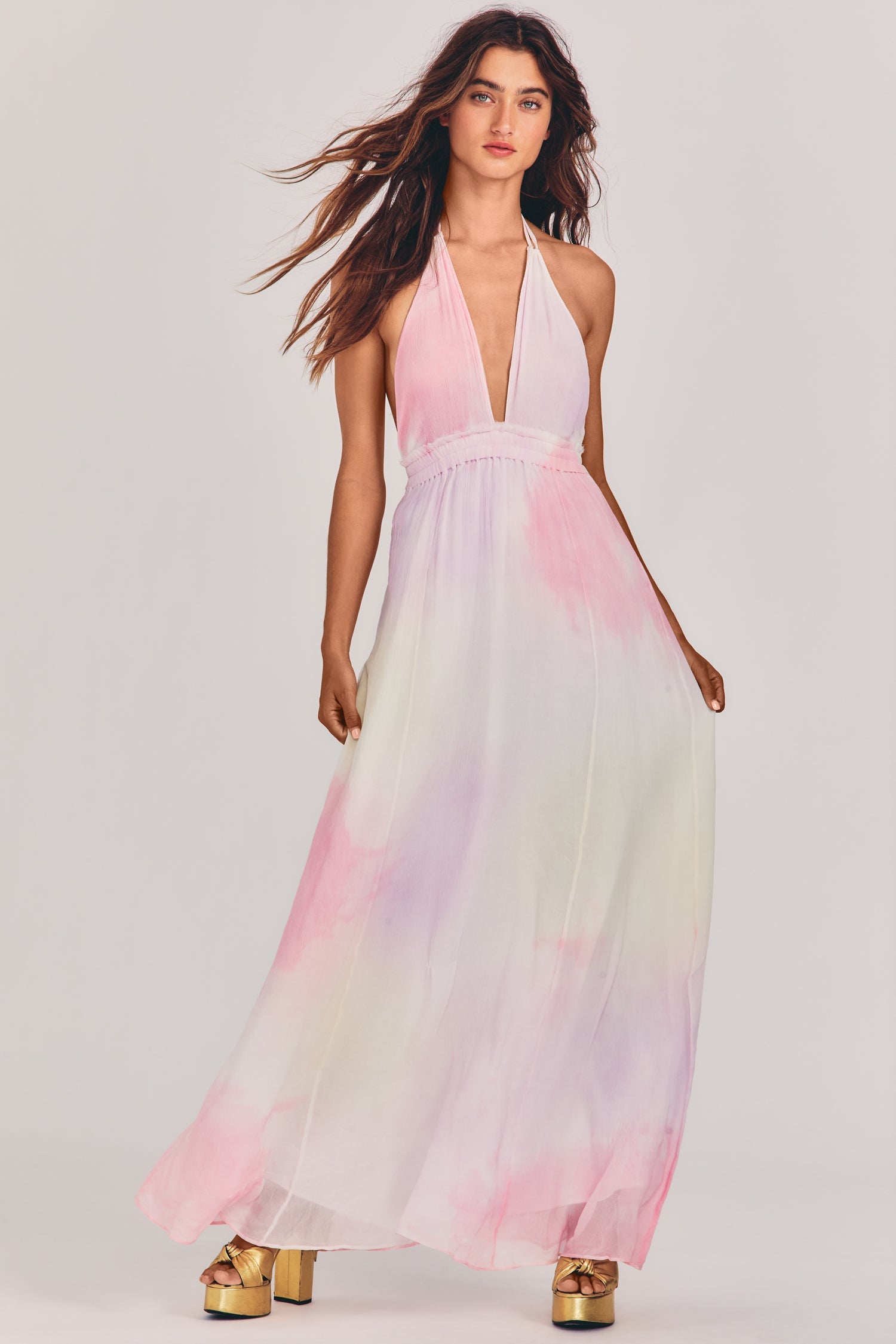 Women's multi tie-dye maxi dress with halter neck and plunging neckline