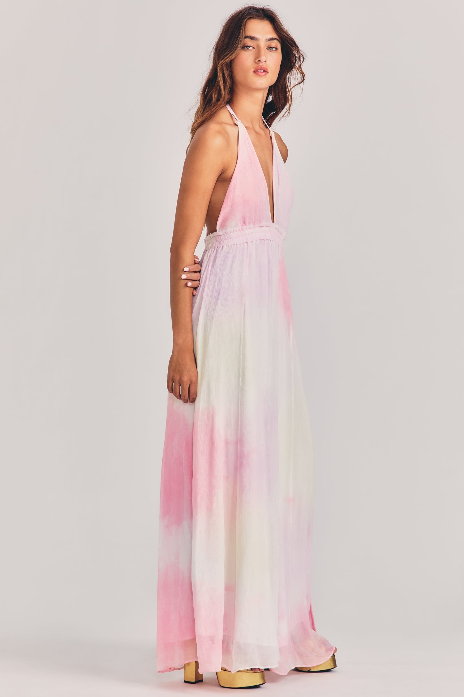 Women's multi tie-dye maxi dress with halter neck and plunging neckline