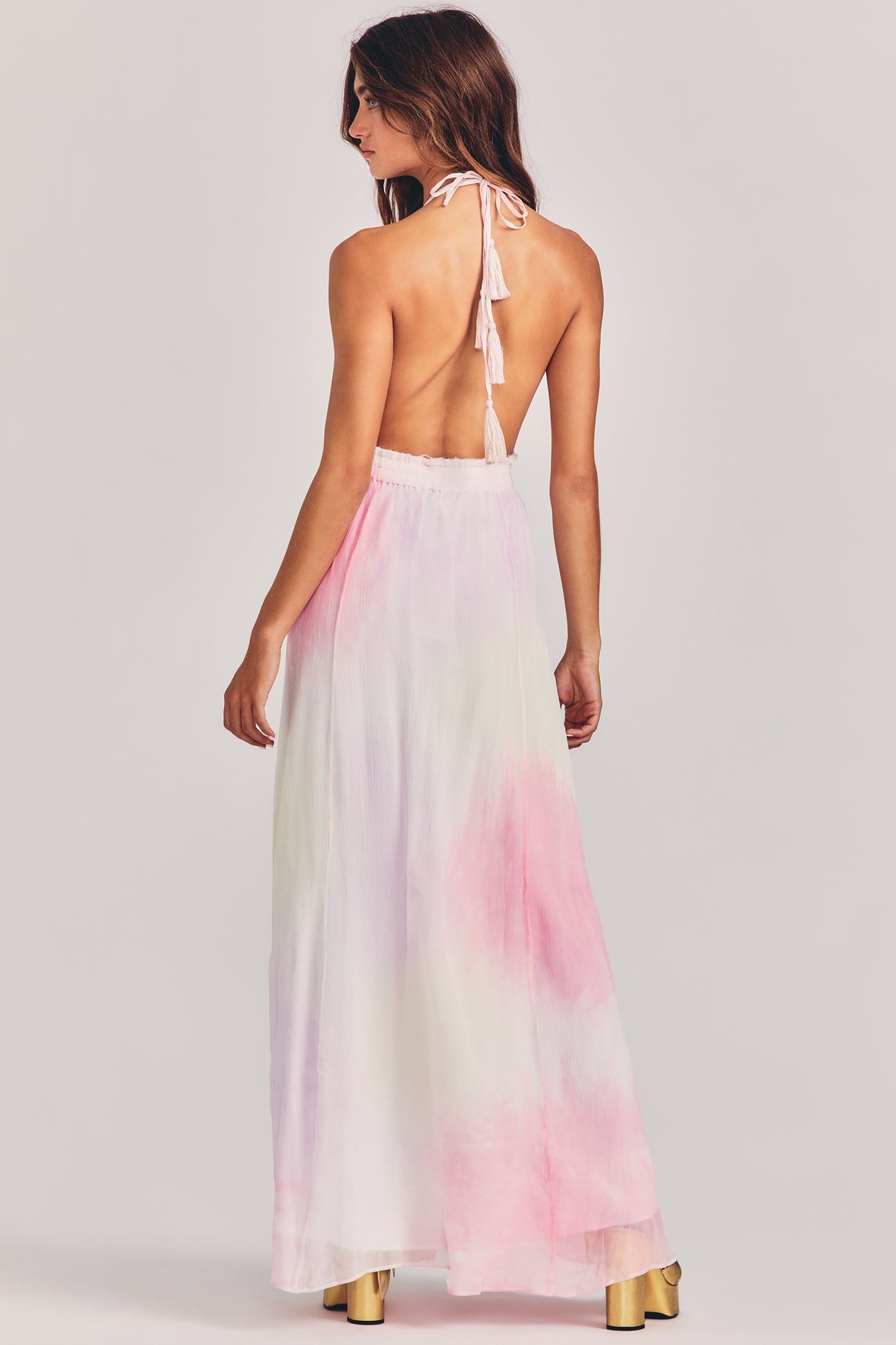 Women's multi tie-dye maxi dress with halter neck and plunging neckline