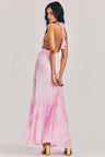 Women's pink tie-dye maxi dress with halter neck and plunging neckline