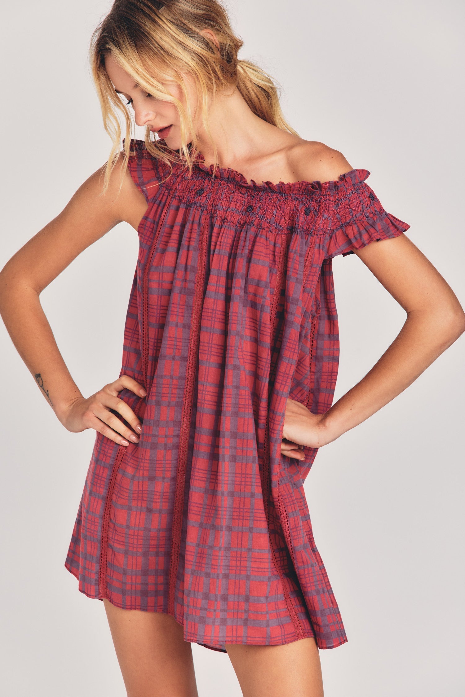 Womens red and blue plaid nightgown with a scoop neck and ruffle detailing