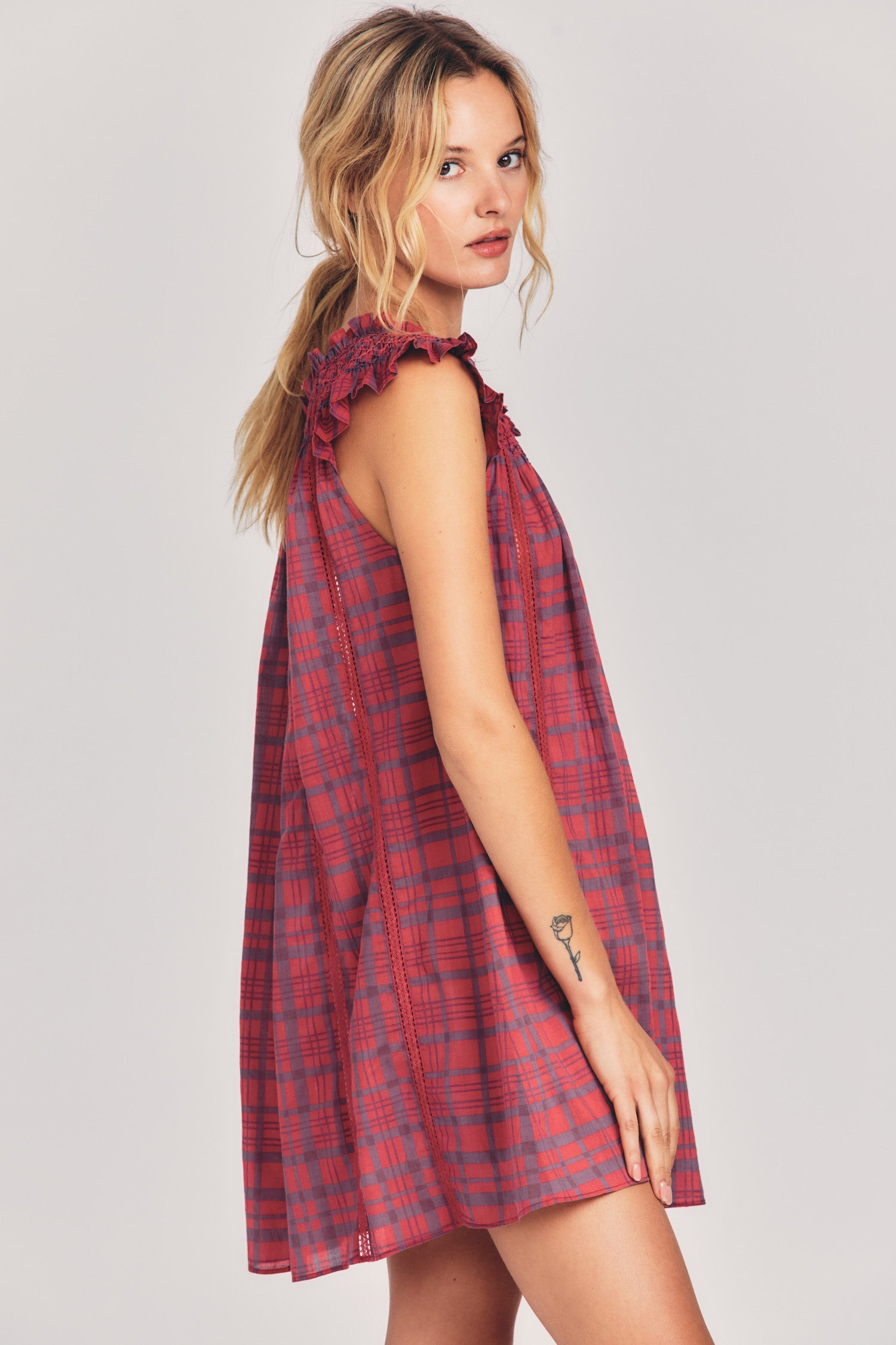 Womens red and blue plaid nightgown with a scoop neck and ruffle detailing