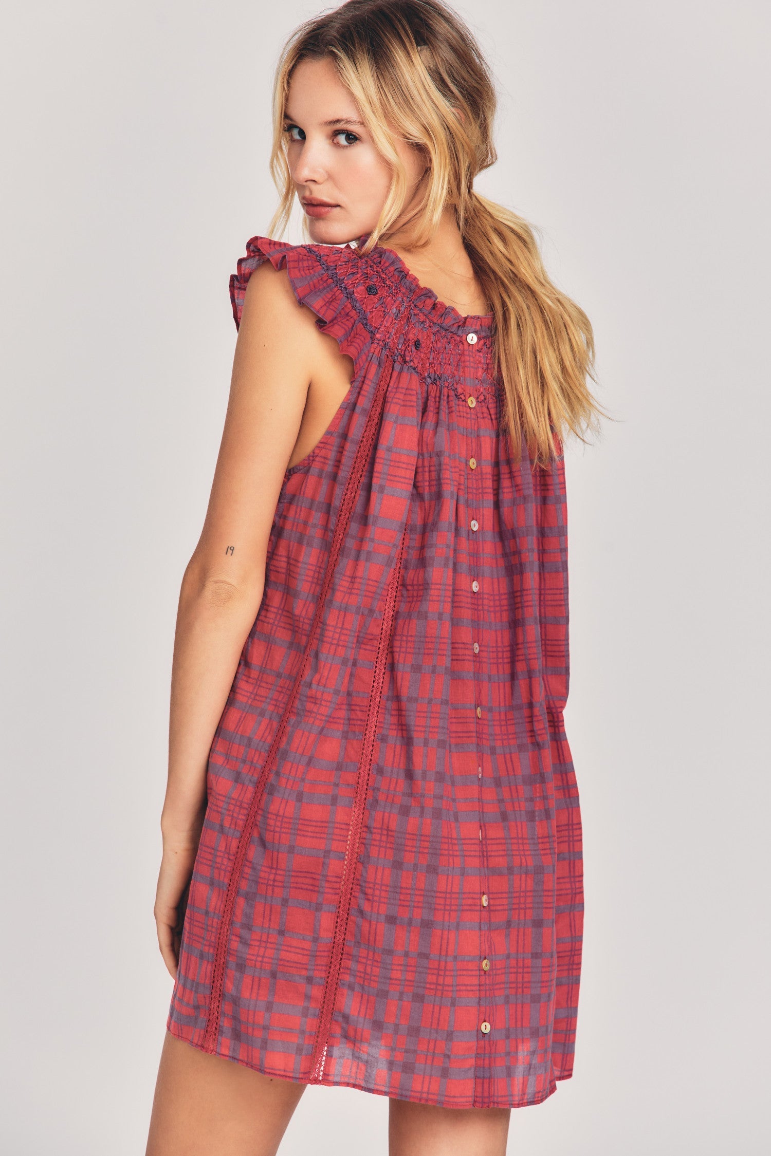 Womens red and blue plaid nightgown with a scoop neck and ruffle detailing