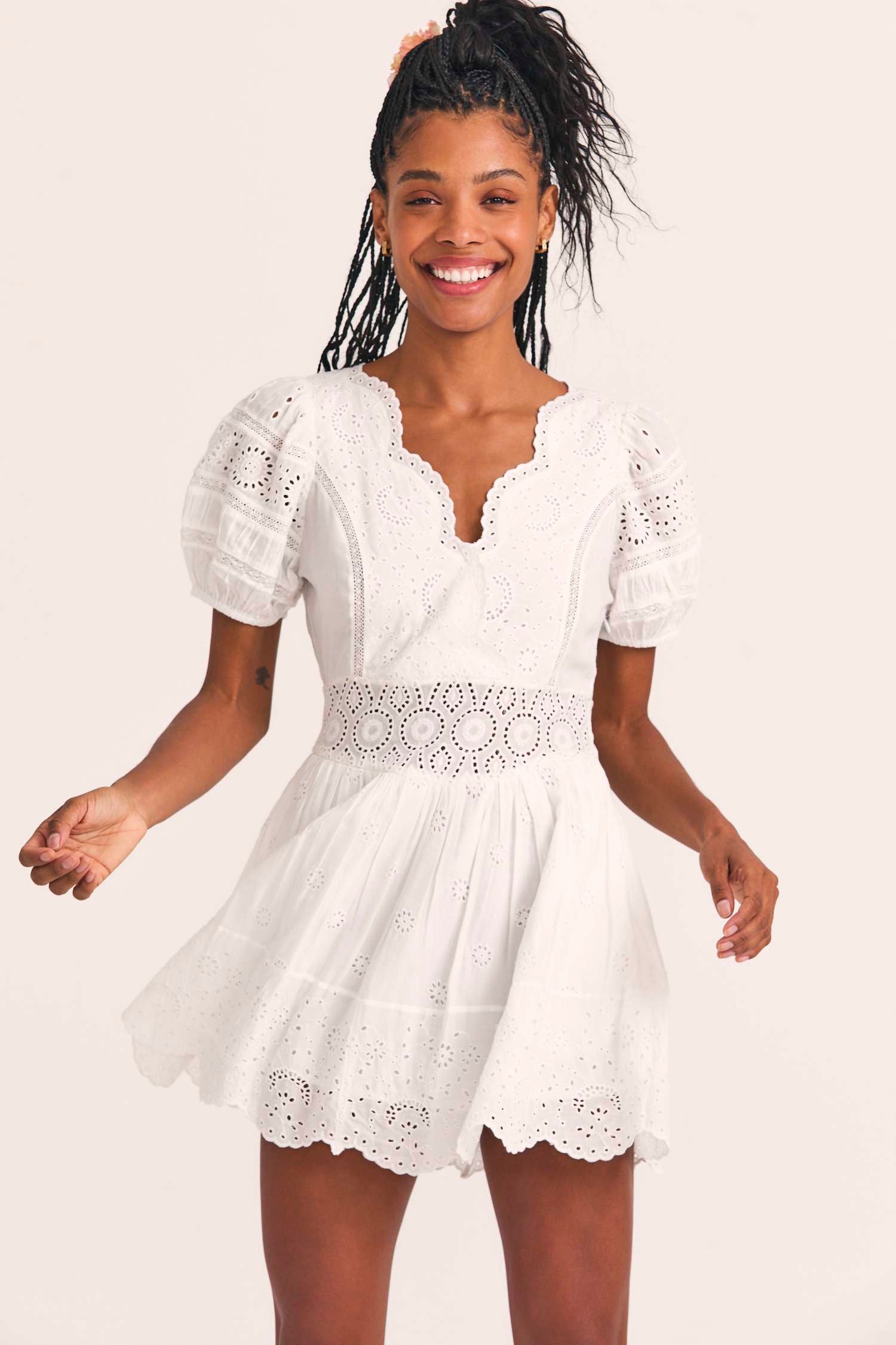 Women's eyelet embroidered white puff sleeve dress