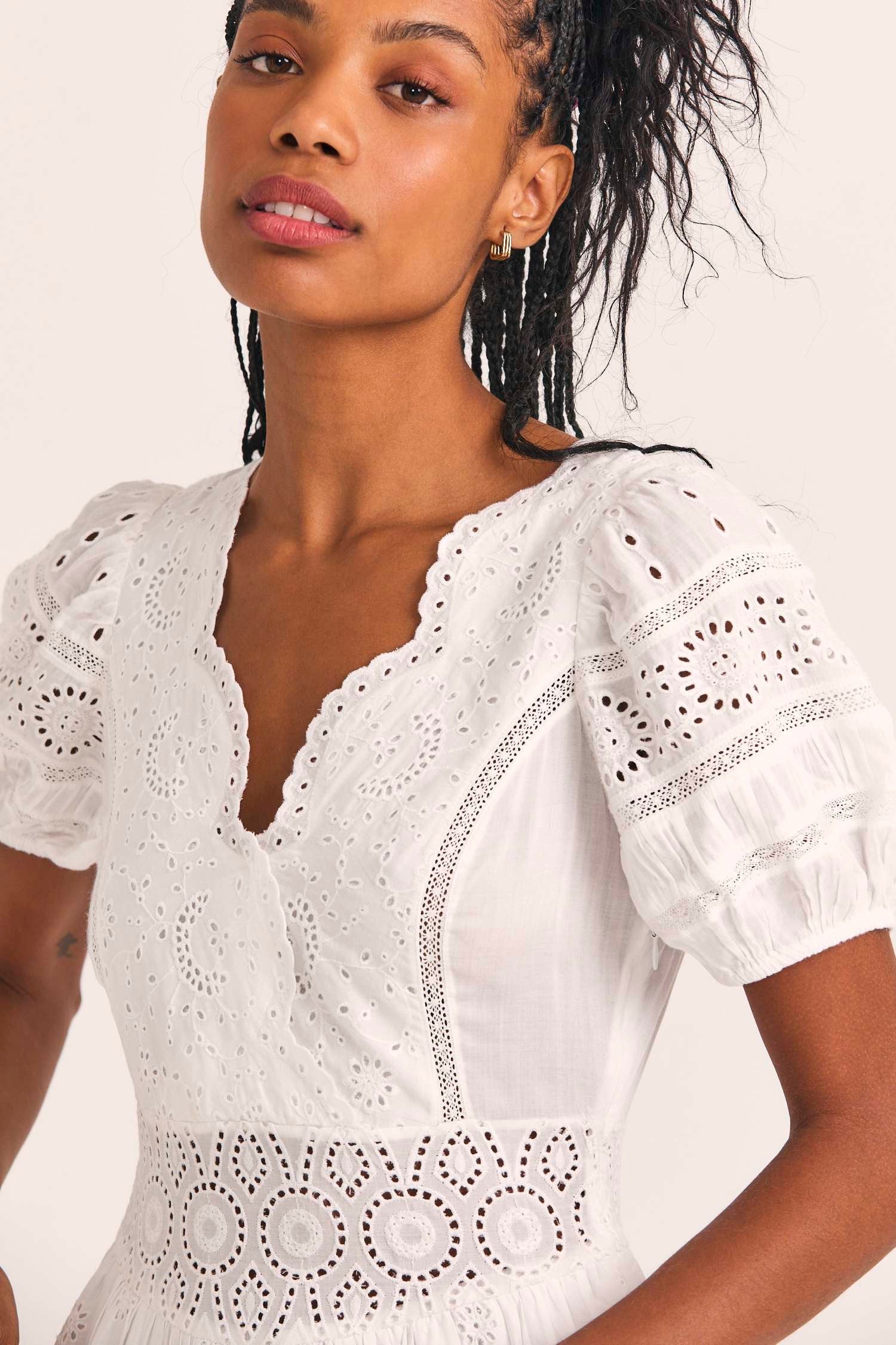 Women's eyelet embroidered white puff sleeve dress