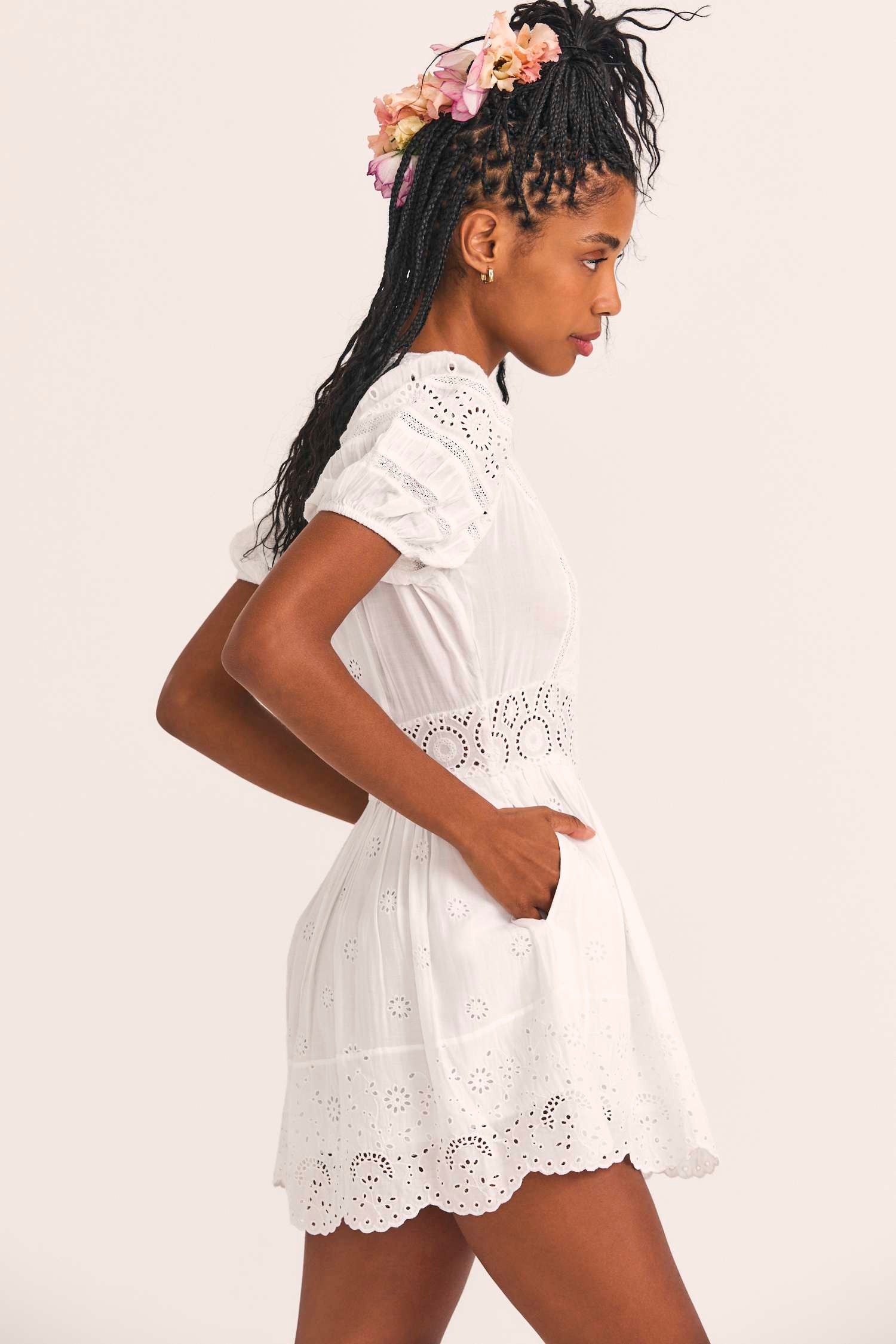 Women's eyelet embroidered white puff sleeve dress