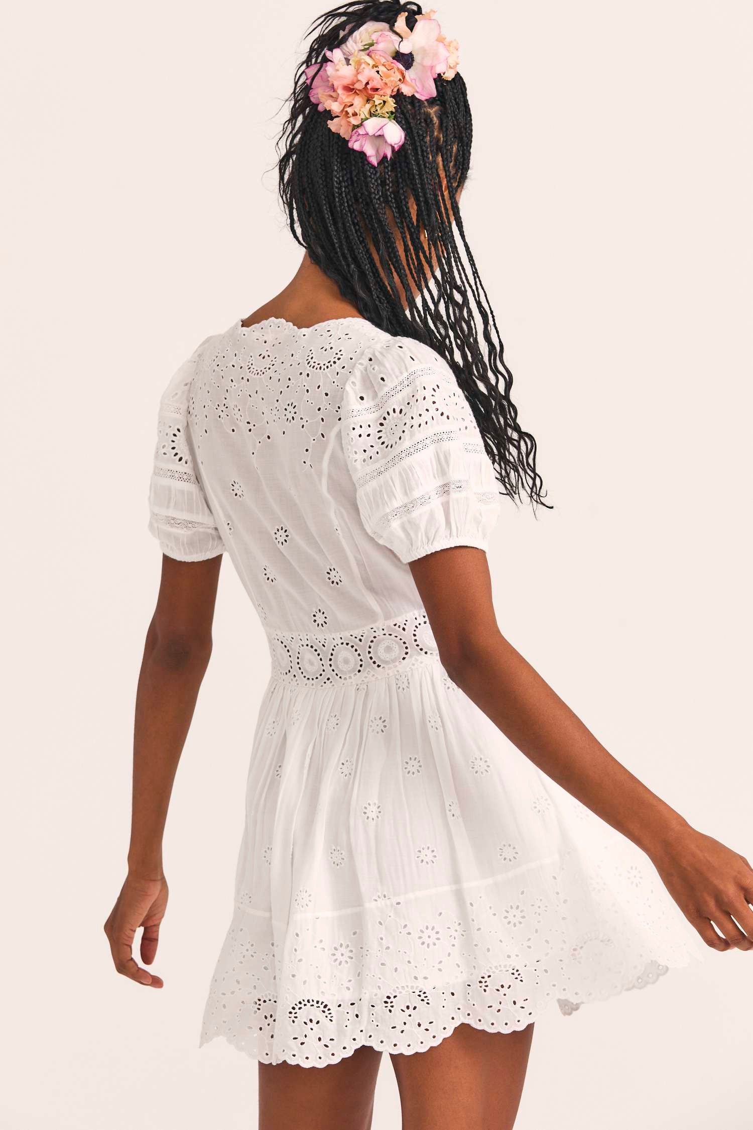 Women's eyelet embroidered white puff sleeve dress