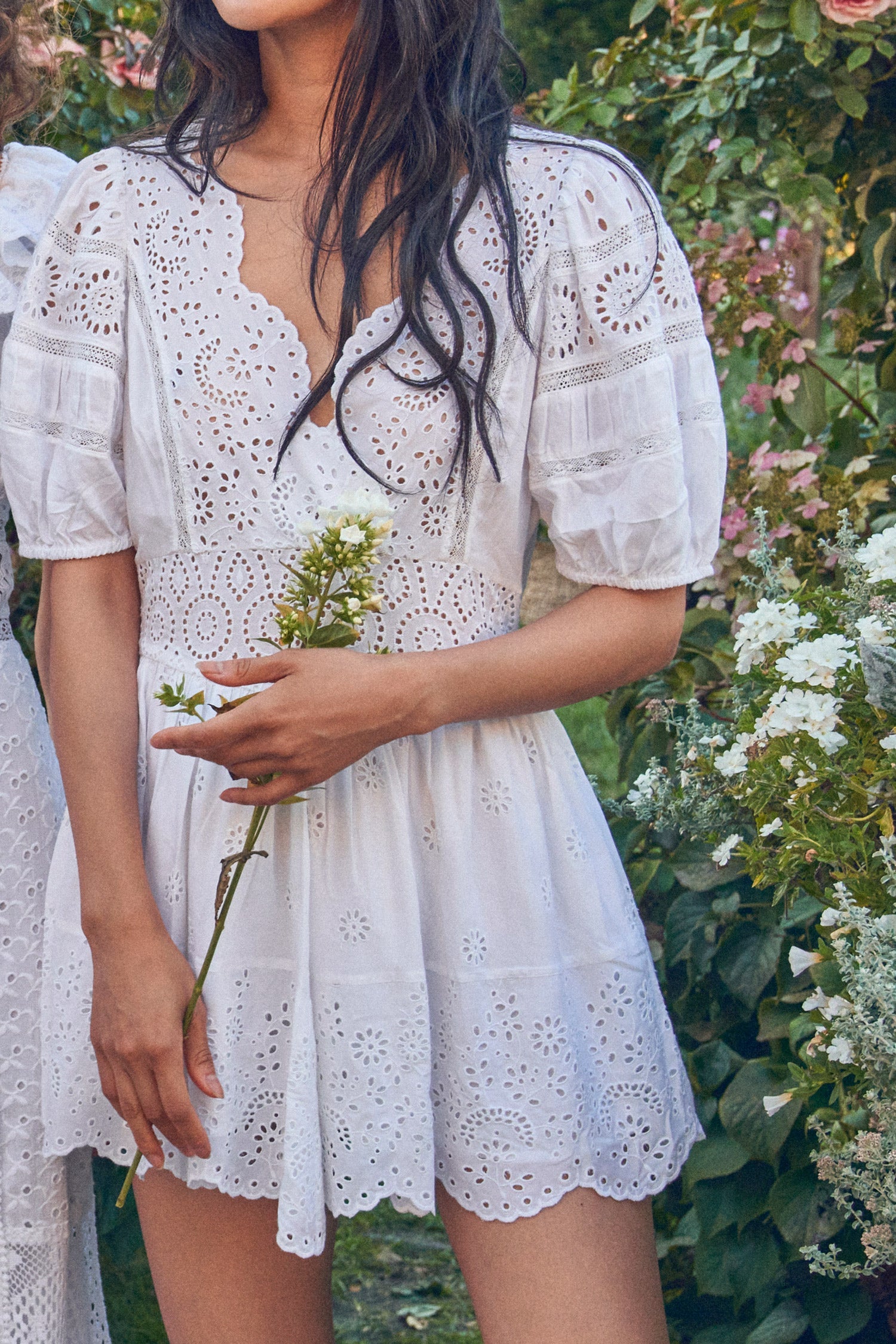 Women's eyelet embroidered white puff sleeve dress