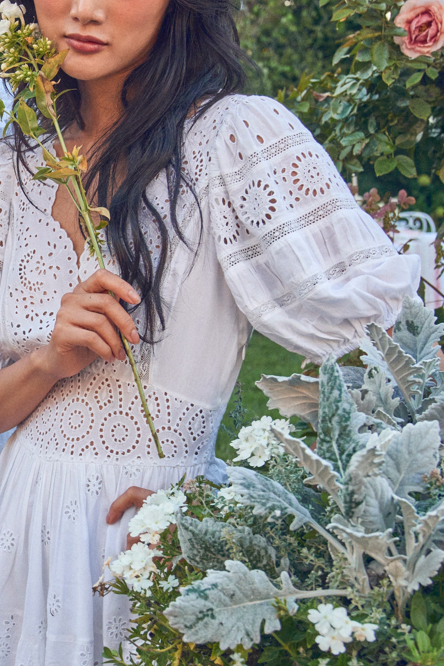 Women's eyelet embroidered white puff sleeve dress