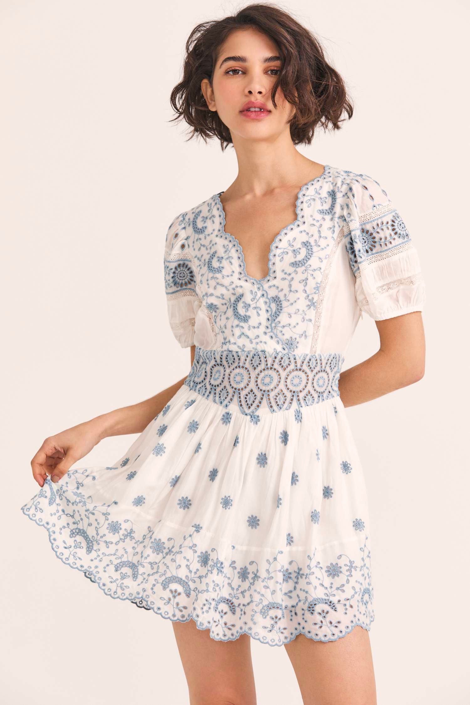 Women's white and blue eyelet embroidered puff sleeve mini dress