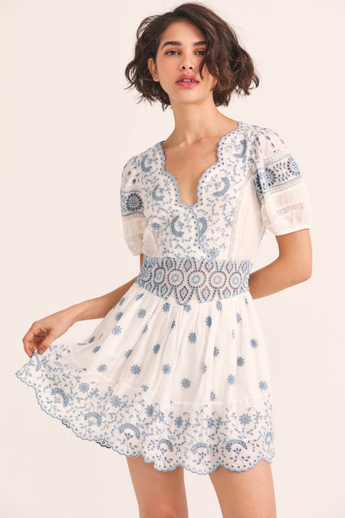Women's white and blue eyelet embroidered puff sleeve mini dress