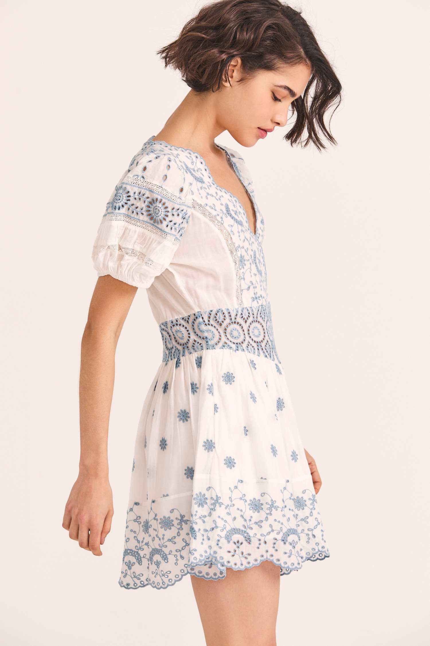 Women's white and blue eyelet embroidered puff sleeve mini dress