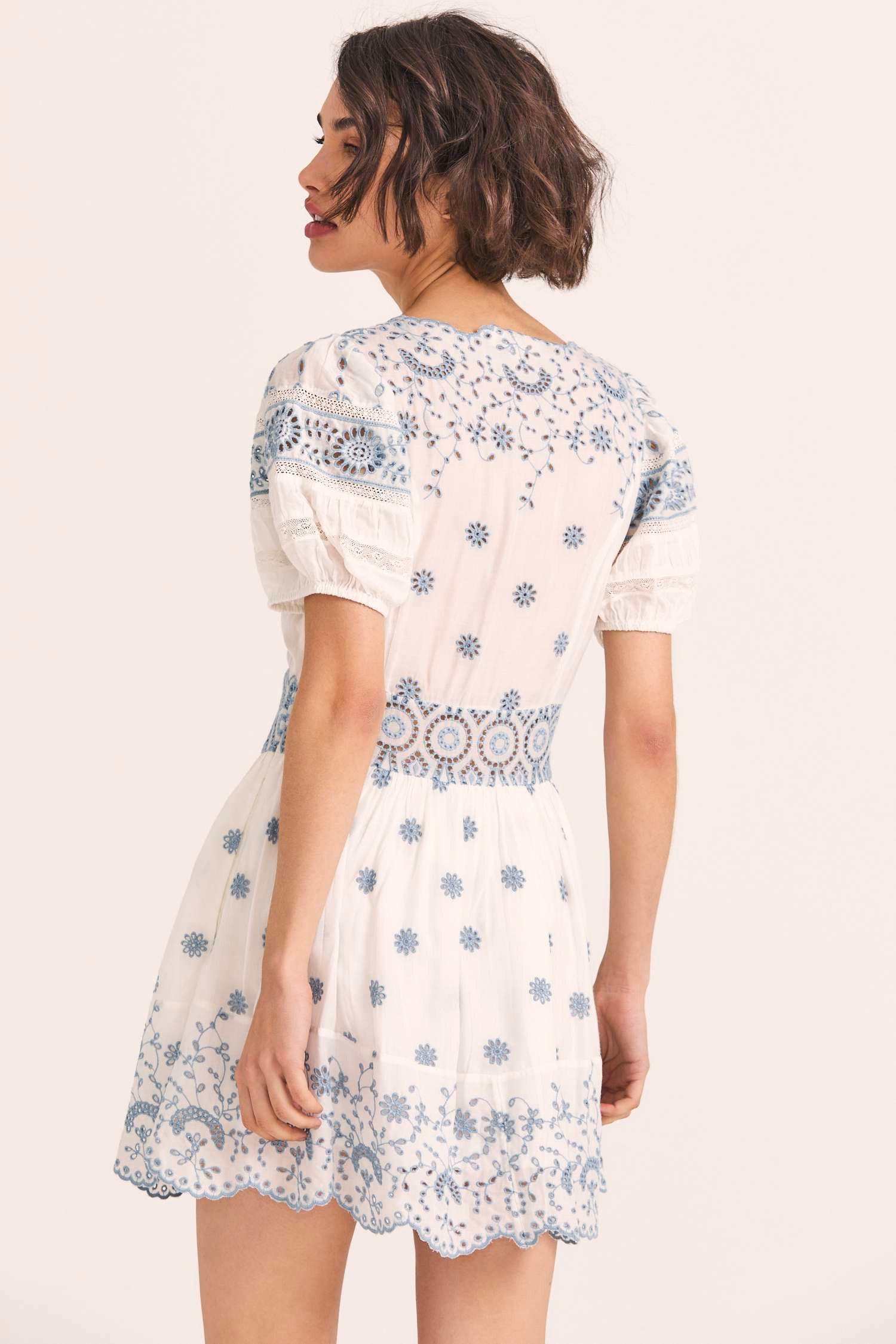 Women's white and blue eyelet embroidered puff sleeve mini dress